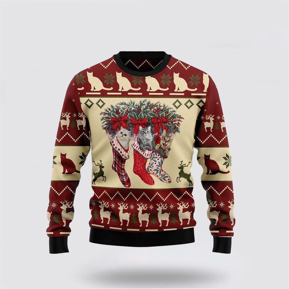 Pet Cat Sweater, Cat And Sock Xmas Ugly Christmas Sweater, Gift For Cat Love, Cat Crewneck Sweater, Winter Fashion