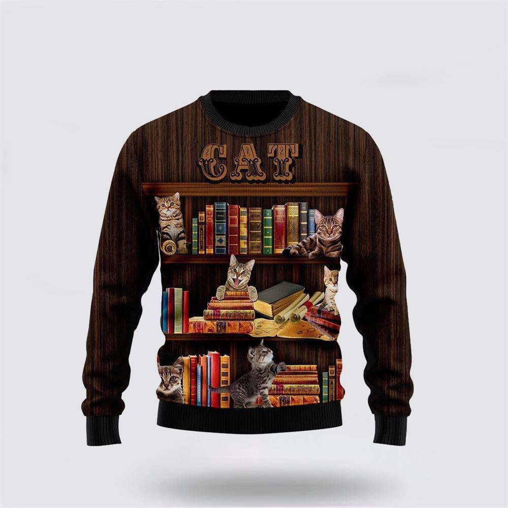 Pet Cat Sweater, Cat Bookcase Ugly Christmas Sweater, Gift For Cat Love, Cat Crewneck Sweater, Winter Fashion
