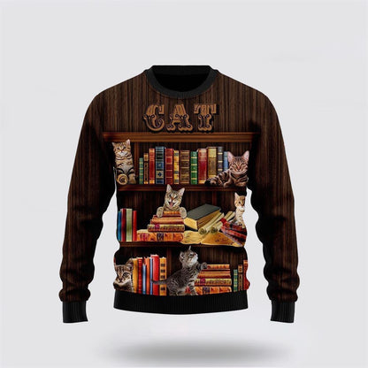 Pet Cat Sweater, Cat Bookcase Ugly Christmas Sweater, Gift For Cat Love, Cat Crewneck Sweater, Winter Fashion