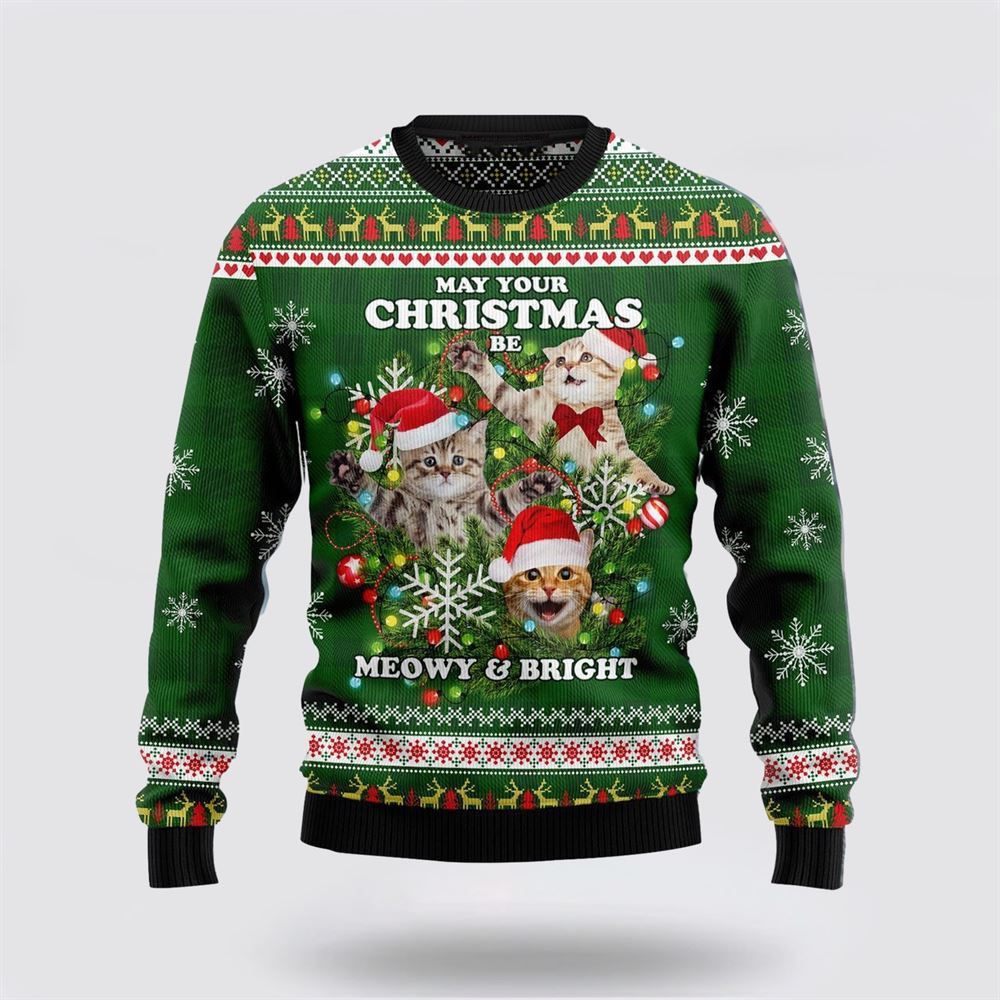 Pet Cat Sweater, Cat, Christmas Be Meowy & Bright Ugly Christmas Sweater, Gift For Cat Love, Cat Crewneck Sweater, Winter Fashion