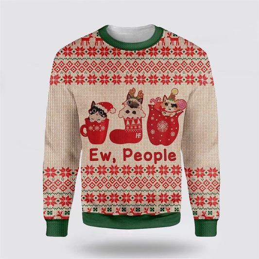 Pet Cat Sweater, Cat Christmas Ew People Ugly Christmas Sweater, Gift For Cat Love, Cat Crewneck Sweater, Winter Fashion