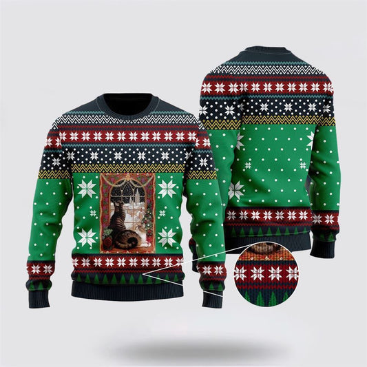 Pet Cat Sweater, Cat Christmas Snow Window Ugly Christmas Sweater, Gift For Cat Love, Cat Crewneck Sweater, Winter Fashion