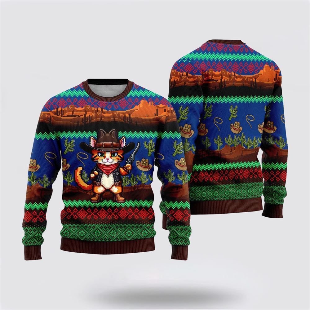 Pet Cat Sweater, Cat Cowboy Cactus Ugly Christmas Sweater, Gift For Cat Love, Cat Crewneck Sweater, Winter Fashion