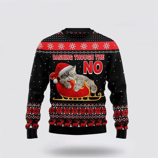 Pet Cat Sweater, Cat Dashing Through The No Ugly Christmas Sweater, Gift For Cat Love, Cat Crewneck Sweater, Winter Fashion