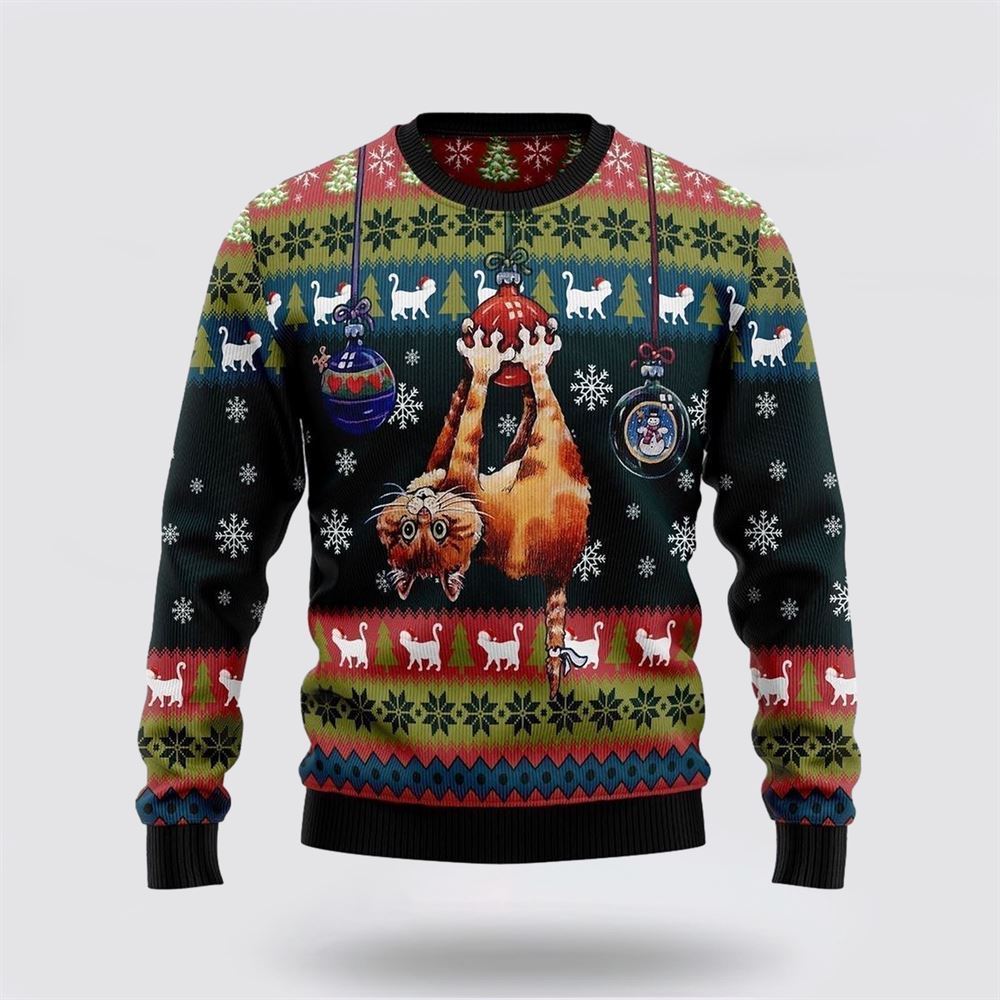 Pet Cat Sweater, Cat Hanging On Xmas Tree Ugly Christmas Sweater, Gift For Cat Love, Cat Crewneck Sweater, Winter Fashion
