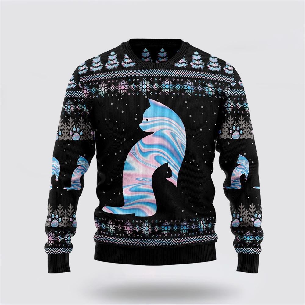 Pet Cat Sweater, Cat Hologram Ugly Christmas Sweater, Gift For Cat Love, Cat Crewneck Sweater, Winter Fashion