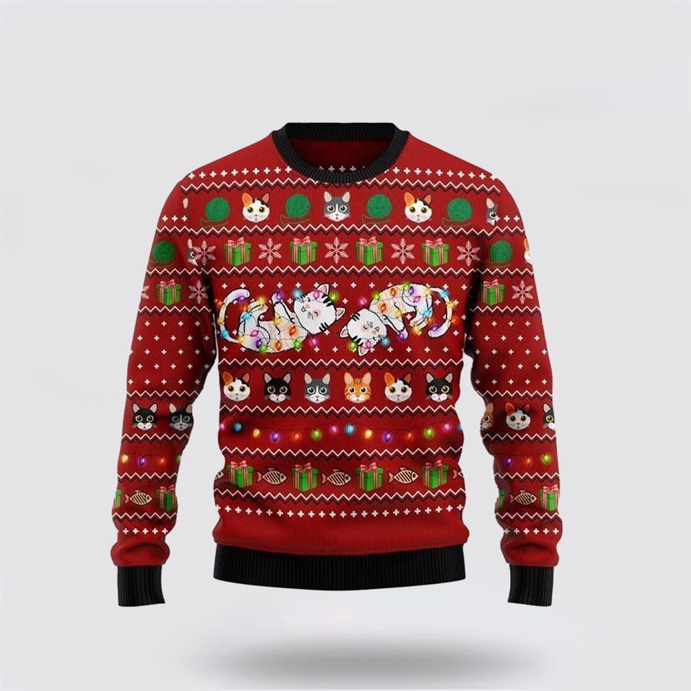 Pet Cat Sweater, Cat Light Ugly Christmas Sweater, Gift For Cat Love, Cat Crewneck Sweater, Winter Fashion