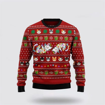 Pet Cat Sweater, Cat Light Ugly Christmas Sweater, Gift For Cat Love, Cat Crewneck Sweater, Winter Fashion