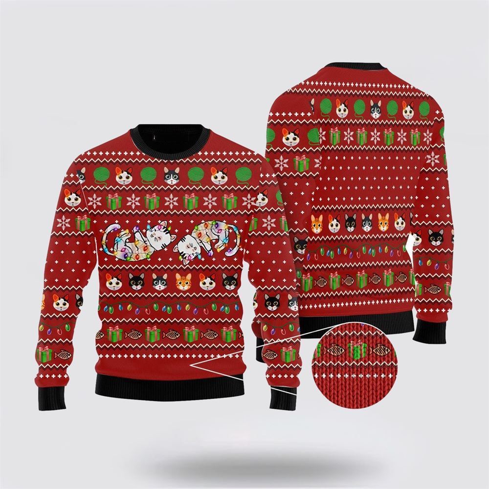 Pet Cat Sweater, Cat Light Ugly Christmas Sweater, Gift For Cat Love, Cat Crewneck Sweater, Winter Fashion