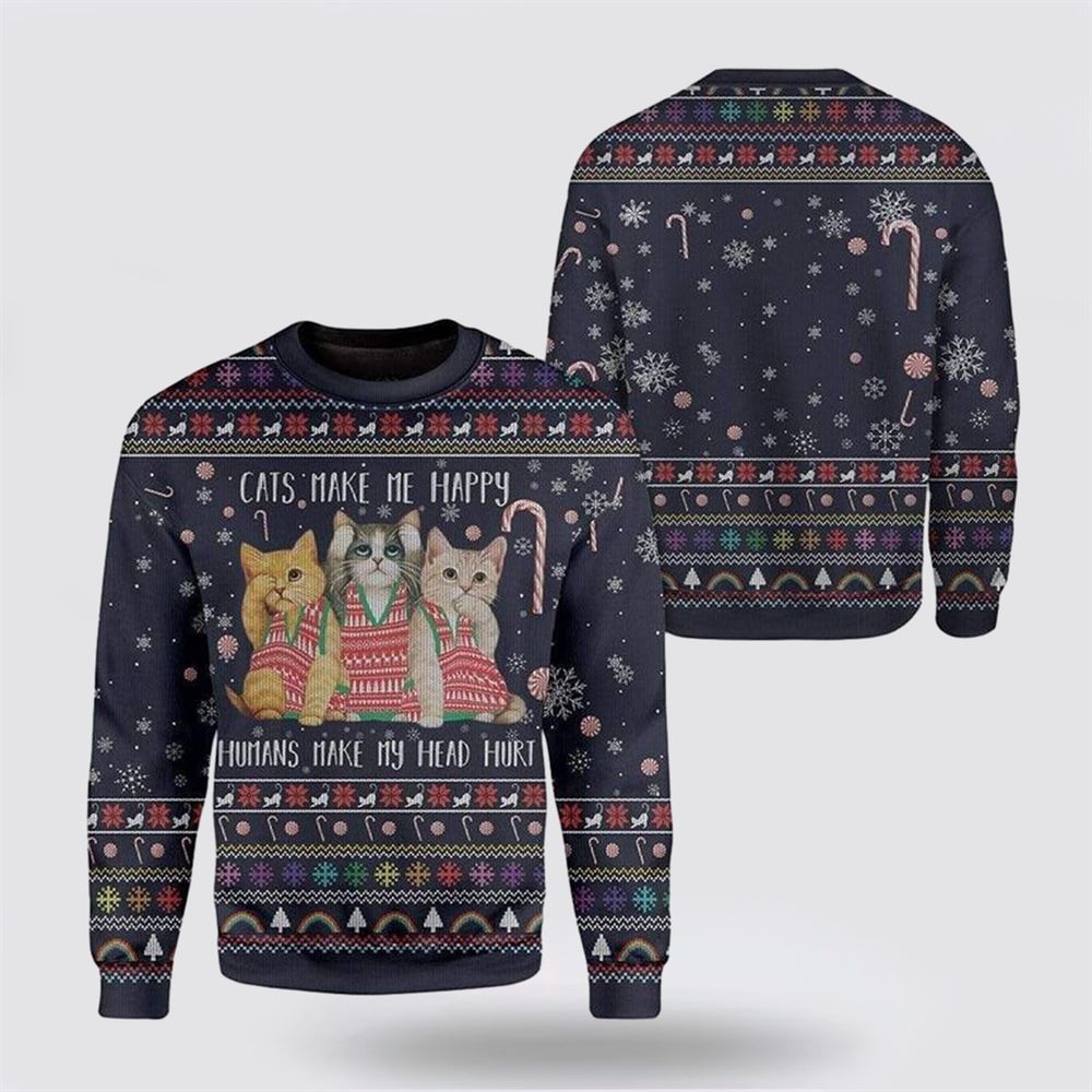 Pet Cat Sweater, Cat Make Me Happy Ugly Christmas Sweater, Gift For Cat Love, Cat Crewneck Sweater, Winter Fashion