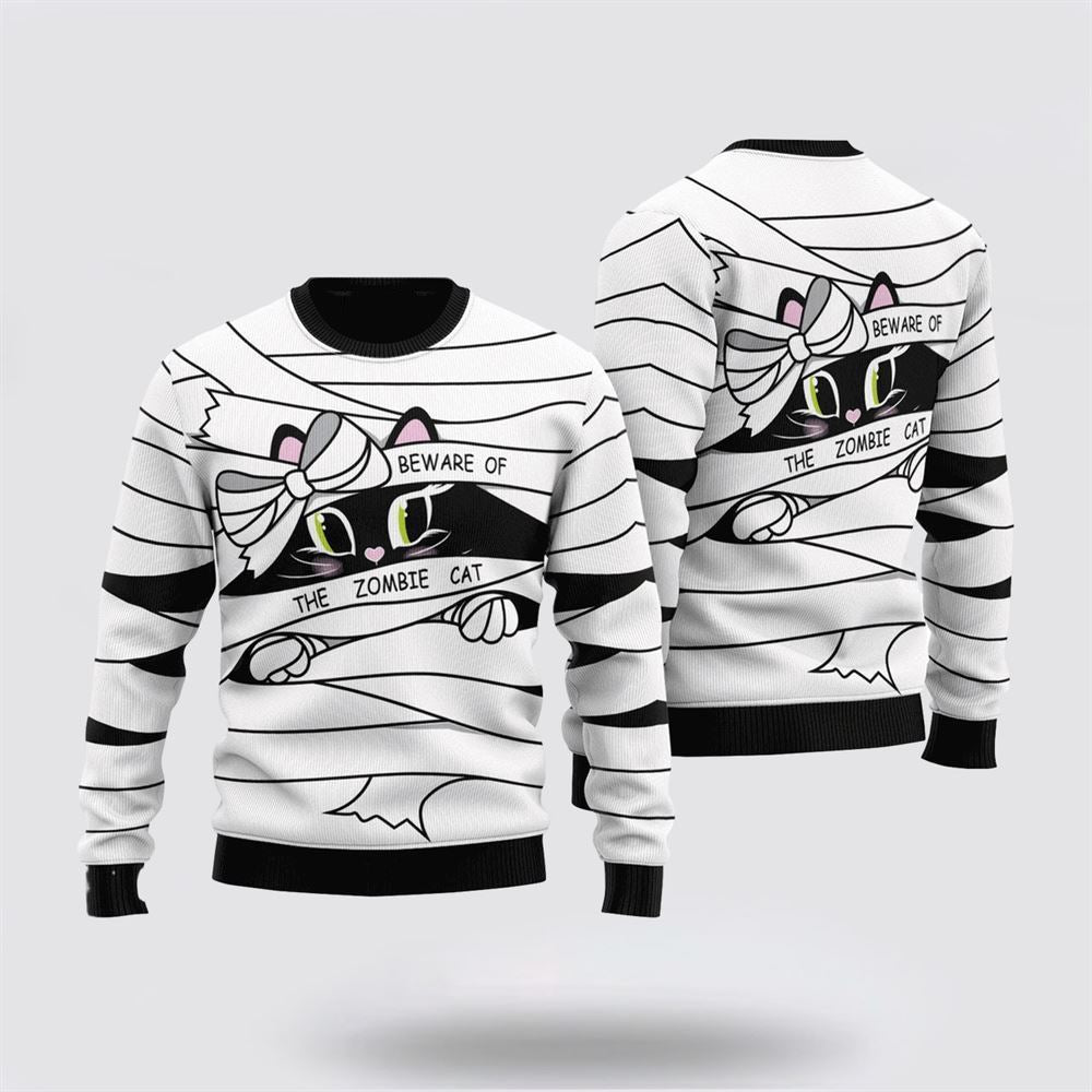 Pet Cat Sweater, Cat Sweater Be Ware Of A Zombie Cat Ugly Christmas Sweater, Gift For Cat Love, Cat Crewneck Sweater, Winter Fashion