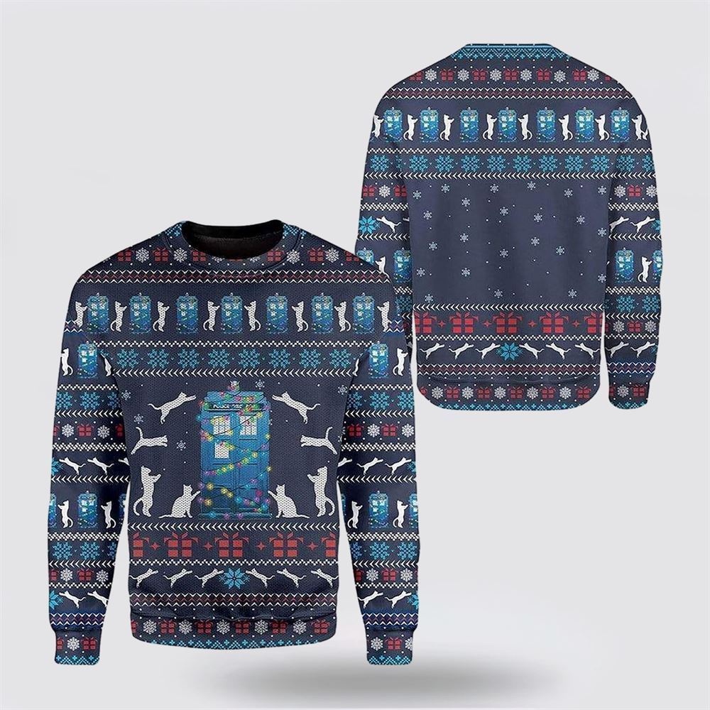 Pet Cat Sweater, Cat around Police Office Christmas Ugly Christmas Sweater, Gift For Cat Love, Cat Crewneck Sweater, Winter Fashion
