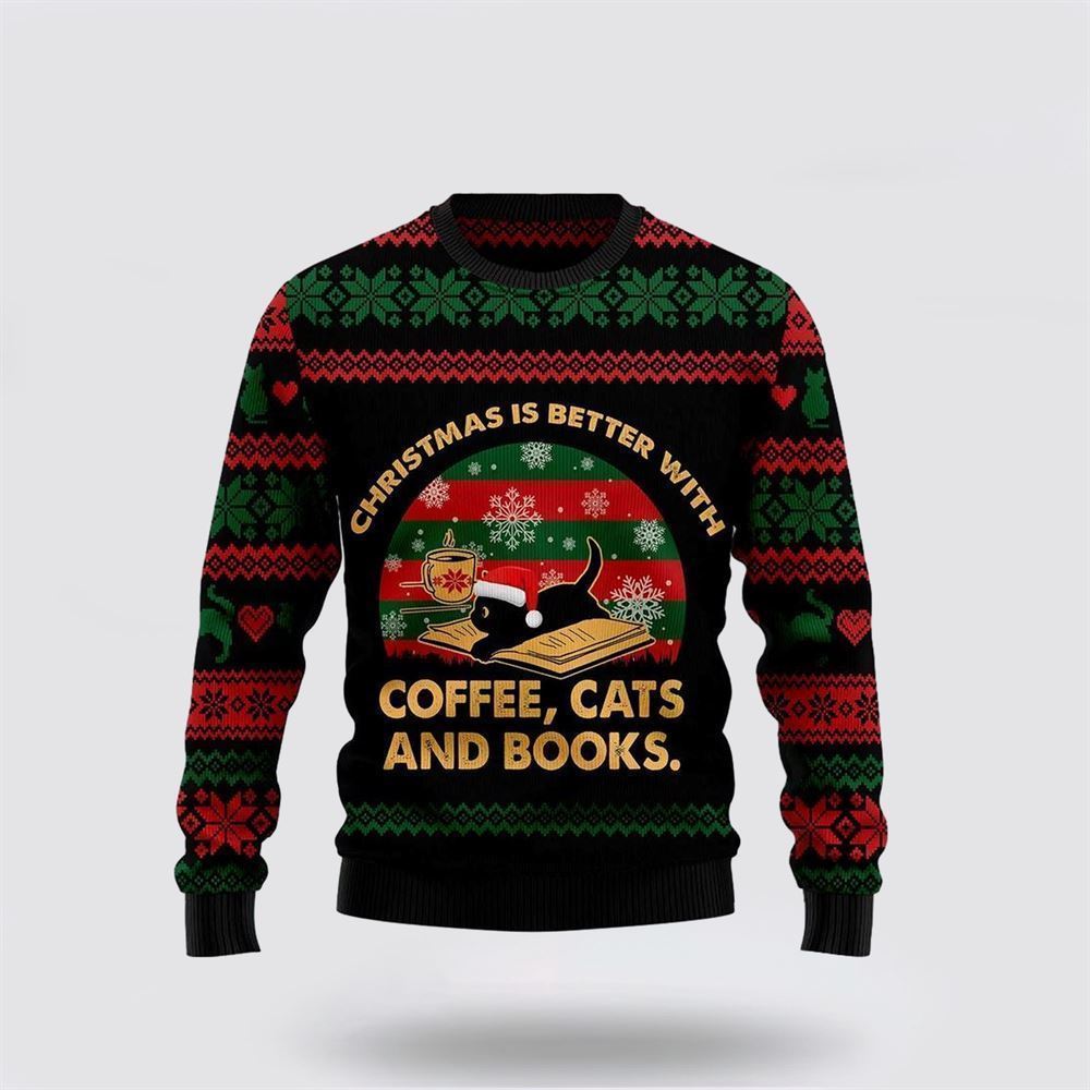 Pet Cat Sweater, Christmas Better With Cat And Book Ugly Christmas Sweater, Gift For Cat Love, Cat Crewneck Sweater, Winter Fashion