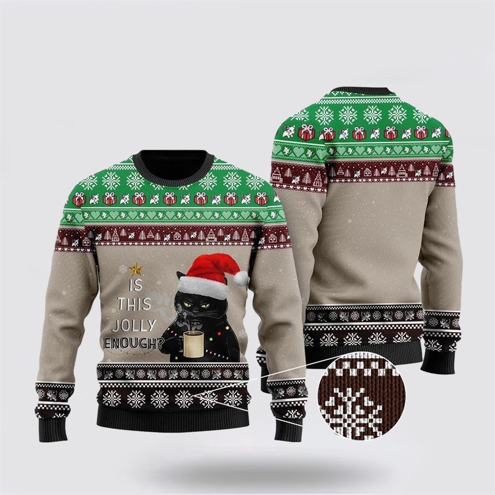 Pet Cat Sweater, Christmas Black Cat With Coffee Is This Jolly Enough Ugly Christmas Sweater, Gift For Cat Love, Cat Crewneck Sweater