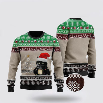Pet Cat Sweater, Christmas Black Cat With Coffee Is This Jolly Enough Ugly Christmas Sweater, Gift For Cat Love, Cat Crewneck Sweater
