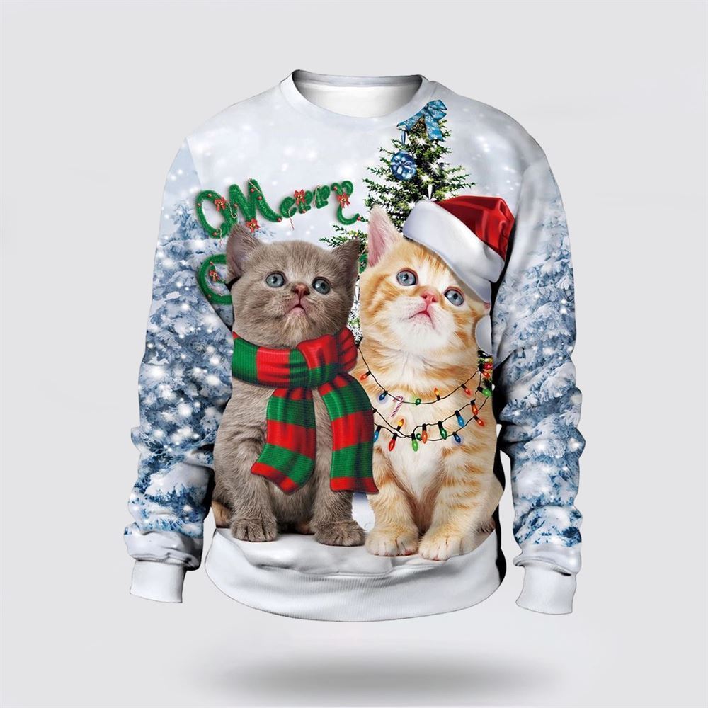 Pet Cat Sweater, Christmas Cute Cat Pine Tree Sweater Ugly Christmas Sweater, Gift For Cat Love, Cat Crewneck Sweater, Winter Fashion