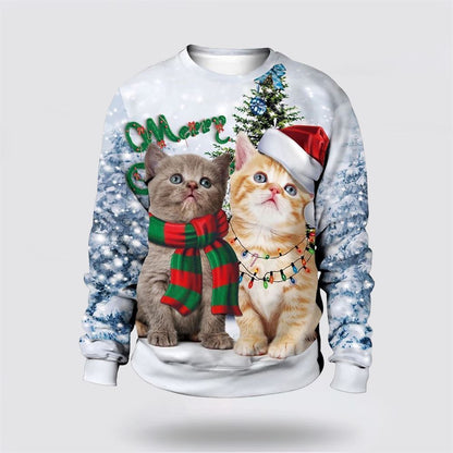 Pet Cat Sweater, Christmas Cute Cat Pine Tree Sweater Ugly Christmas Sweater, Gift For Cat Love, Cat Crewneck Sweater, Winter Fashion