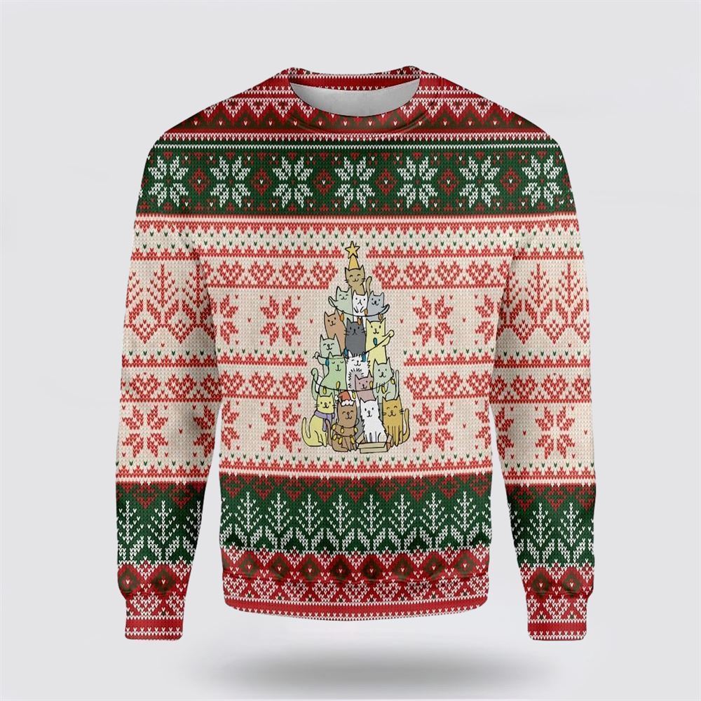 Pet Cat Sweater, Christmas Tree Made By Cats Ugly Christmas Sweater, Gift For Cat Love, Cat Crewneck Sweater, Winter Fashion