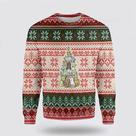 Pet Cat Sweater, Christmas Tree Made By Cats Ugly Christmas Sweater, Gift For Cat Love, Cat Crewneck Sweater, Winter Fashion