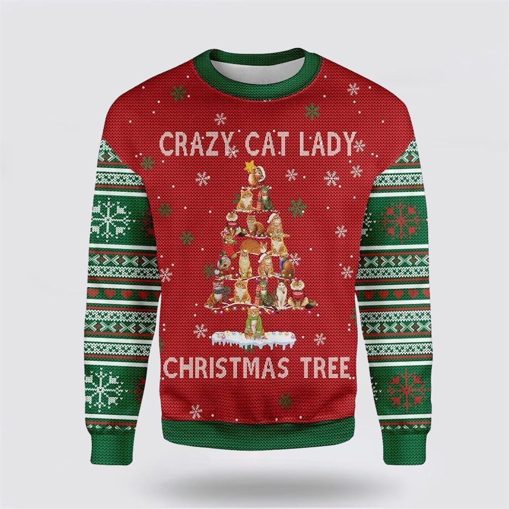 Pet Cat Sweater, Crazy Cat Lady Christmas Tree Ugly Christmas Sweater, Gift For Cat Love, Cat Crewneck Sweater, Winter Fashion