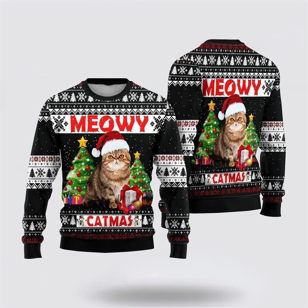 Pet Cat Sweater, Cute Cat Sweater Meowy Catmas Ugly Christmas Sweater, Gift For Cat Love, Cat Crewneck Sweater, Winter Fashion