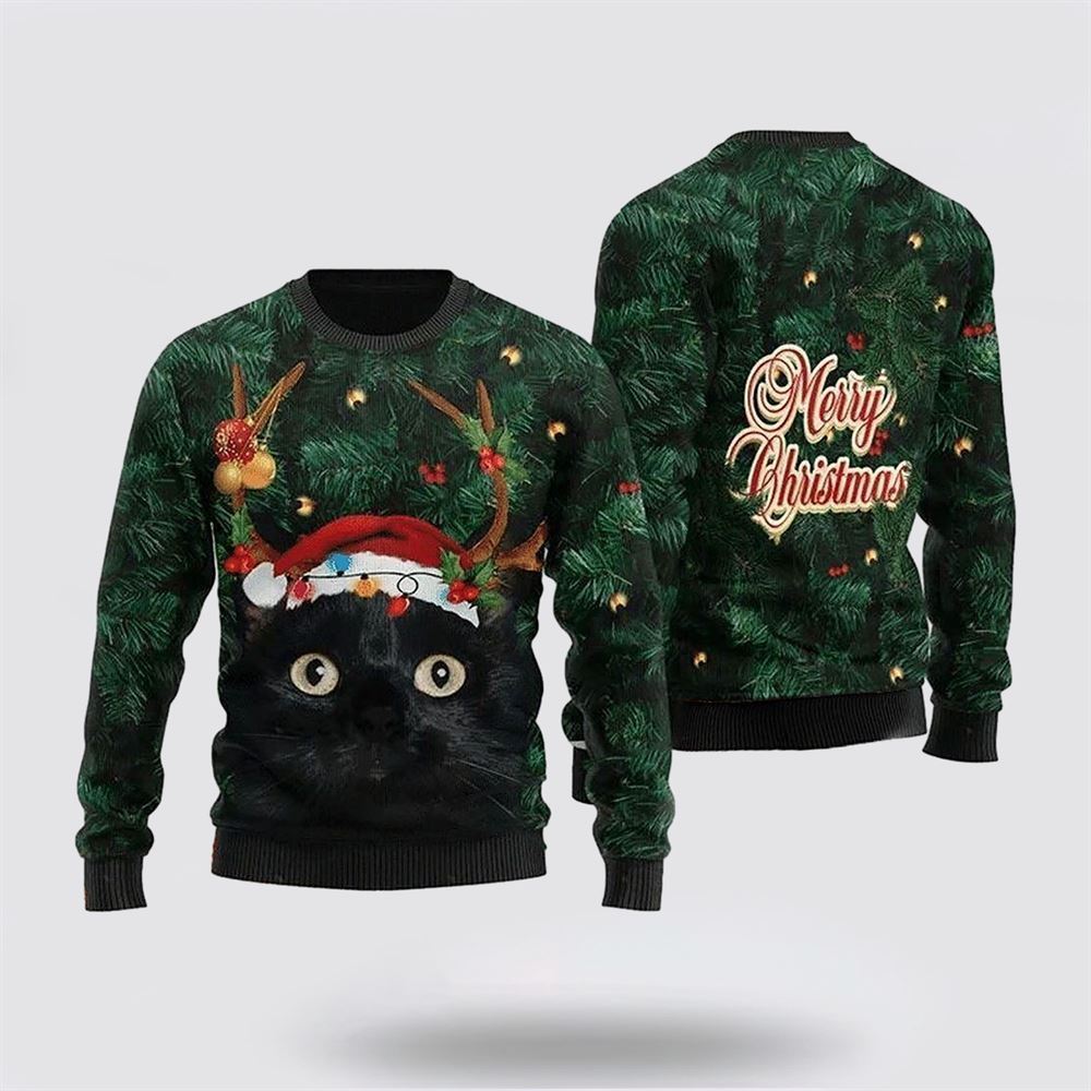 Pet Cat Sweater, Merry Christmas Black Cat In Pine Tree Ugly Christmas Sweater, Gift For Cat Love, Cat Crewneck Sweater, Winter Fashion