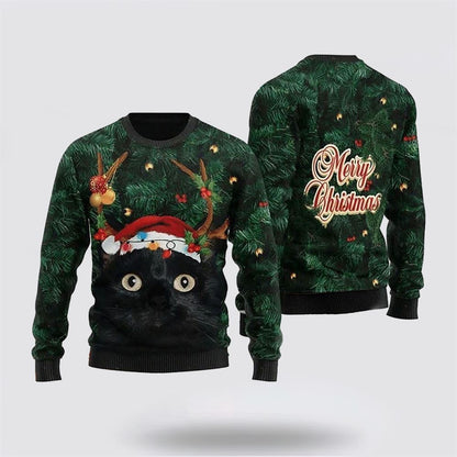 Pet Cat Sweater, Merry Christmas Black Cat In Pine Tree Ugly Christmas Sweater, Gift For Cat Love, Cat Crewneck Sweater, Winter Fashion