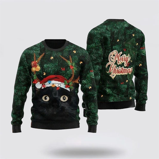 Pet Cat Sweater, Merry Christmas Black Cat In Pine Tree Ugly Christmas Sweater, Gift For Cat Love, Cat Crewneck Sweater, Winter Fashion