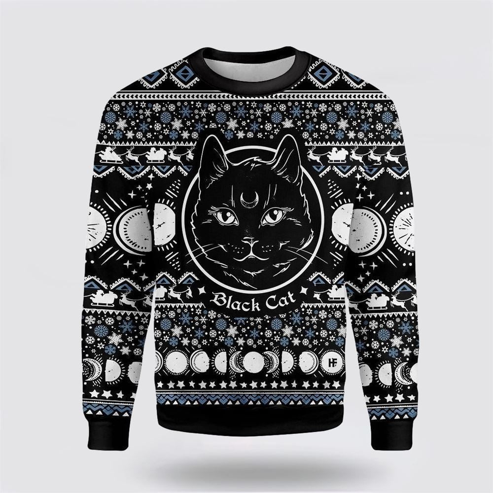 Pet Cat Sweater, Moon Phase Cute Cat Christmas Wicca Ugly Christmas Sweater, Gift For Cat Love, Cat Crewneck Sweater, Winter Fashion
