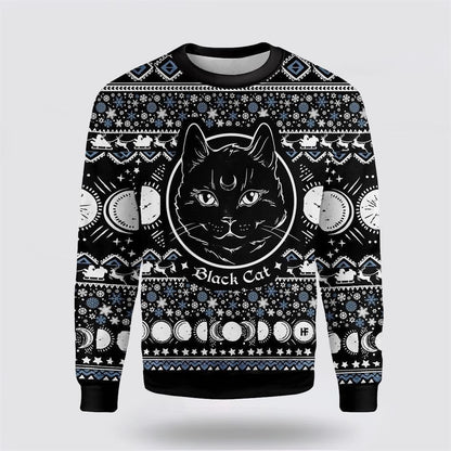 Pet Cat Sweater, Moon Phase Cute Cat Christmas Wicca Ugly Christmas Sweater, Gift For Cat Love, Cat Crewneck Sweater, Winter Fashion