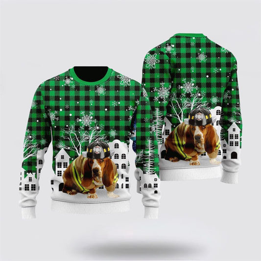 Pet Dog Sweater, Basset Hound Costume Firefighter In Christmas CityUgly Christmas Sweater, Gift For Dog Love, Winter Fashion