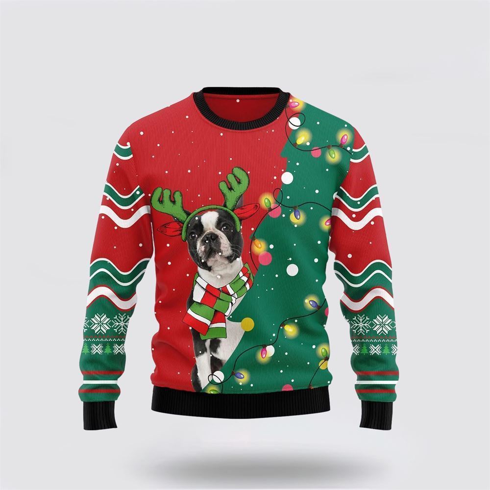 Pet Dog Sweater, Boston Terrier Christmas Tree UglyUgly Christmas Sweater, Gift For Dog Love, Winter Fashion