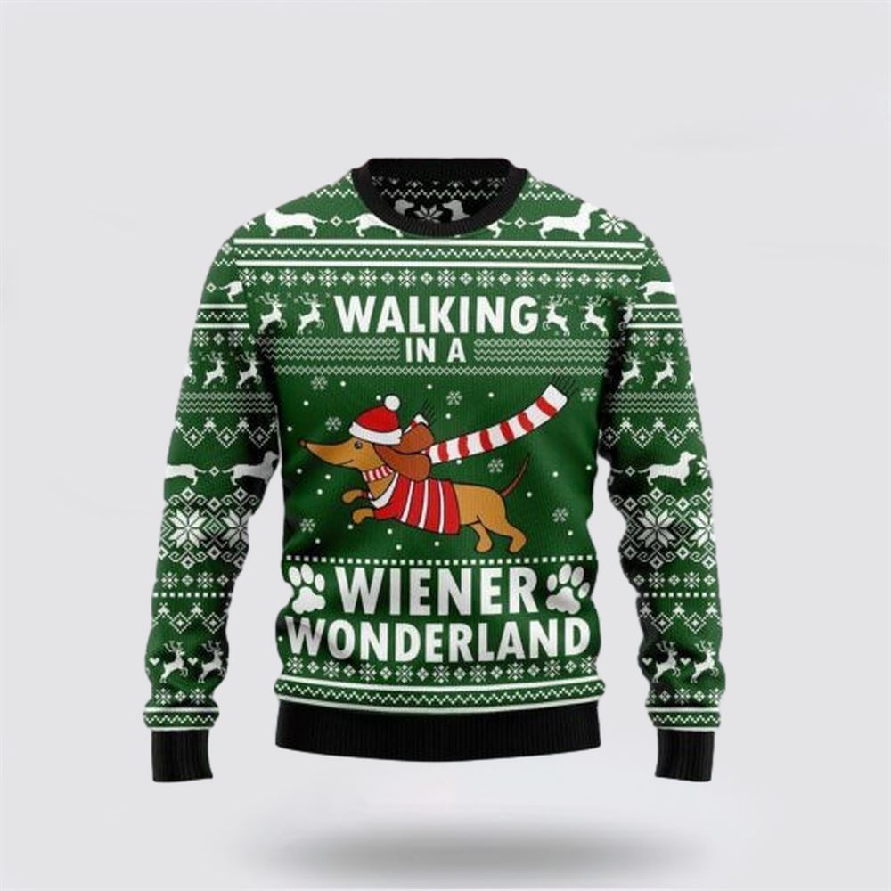 Pet Dog Sweater, Dachshund Dog Walking In A Wiener WonderlandUgly Christmas Sweater, Gift For Dog Love, Winter Fashion