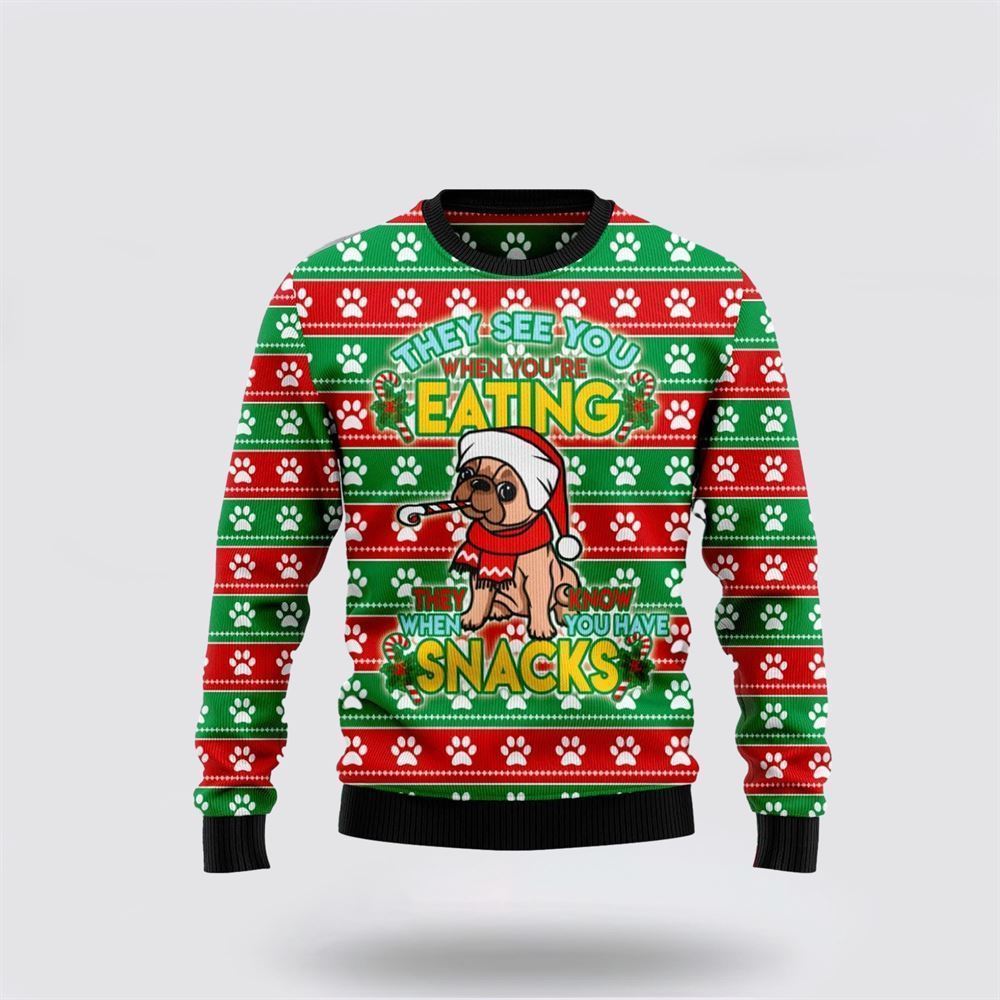 Pet Dog Sweater, French Bulldog See You Eating SnacksUgly Christmas Sweater, Gift For Dog Love, Winter Fashion