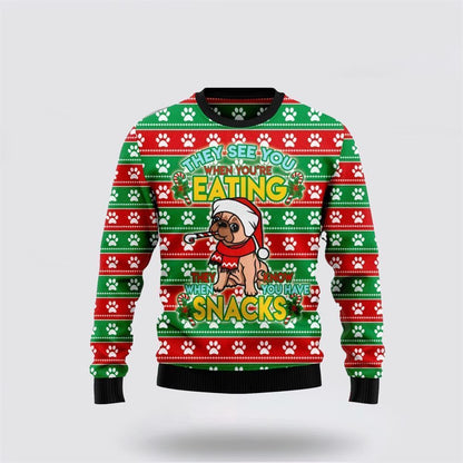 Pet Dog Sweater, French Bulldog See You Eating SnacksUgly Christmas Sweater, Gift For Dog Love, Winter Fashion