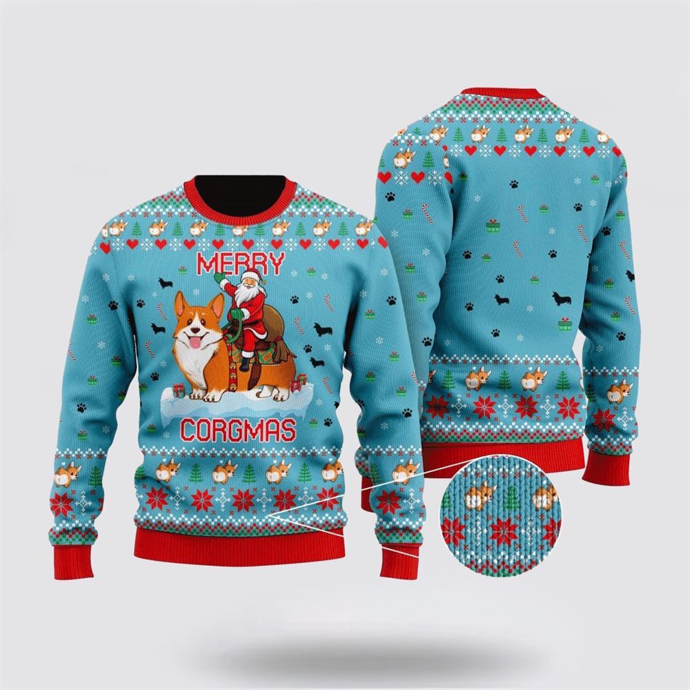 Pet Dog Sweater, Funny Dog & Santa Claus Merry Corgmas ChristmasUgly Christmas Sweater, Gift For Dog Love, Winter Fashion
