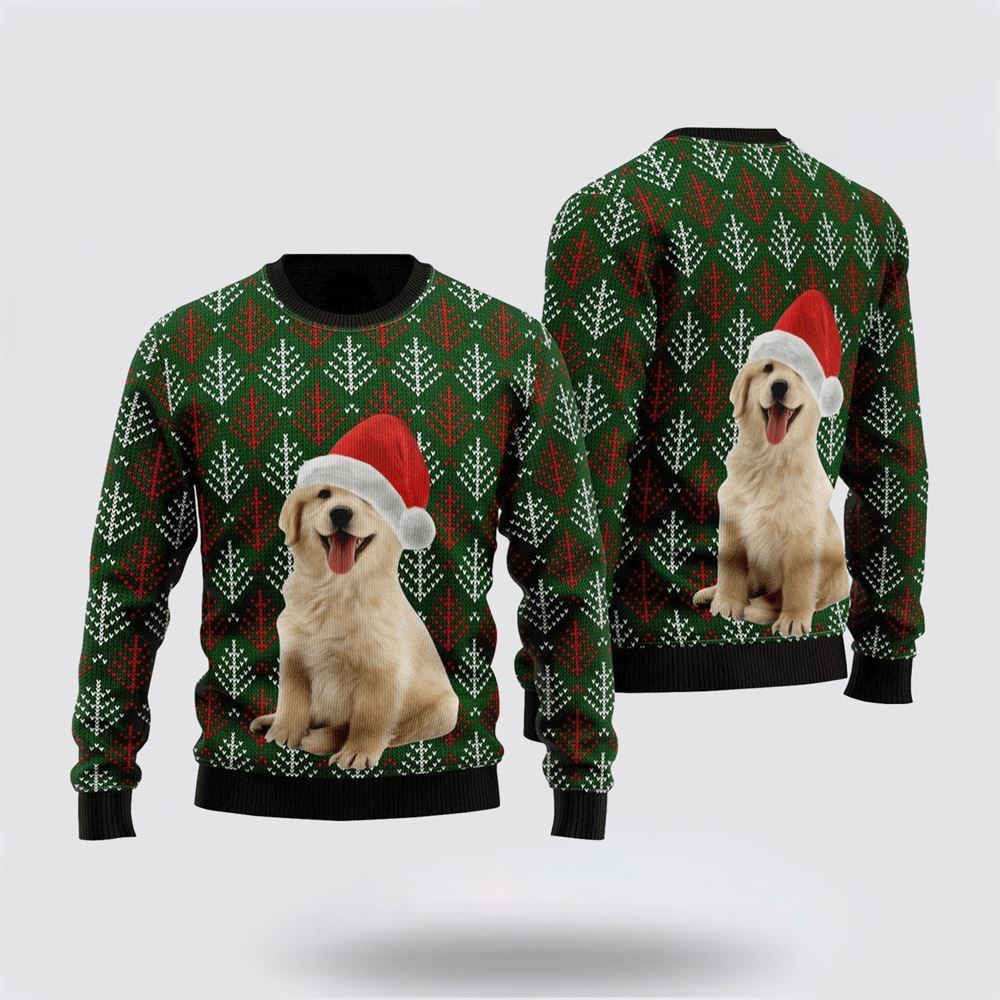 Pet Dog Sweater, Golden Retriever Puppy Wears Santa HatUgly Christmas Sweater, Gift For Dog Love, Winter Fashion