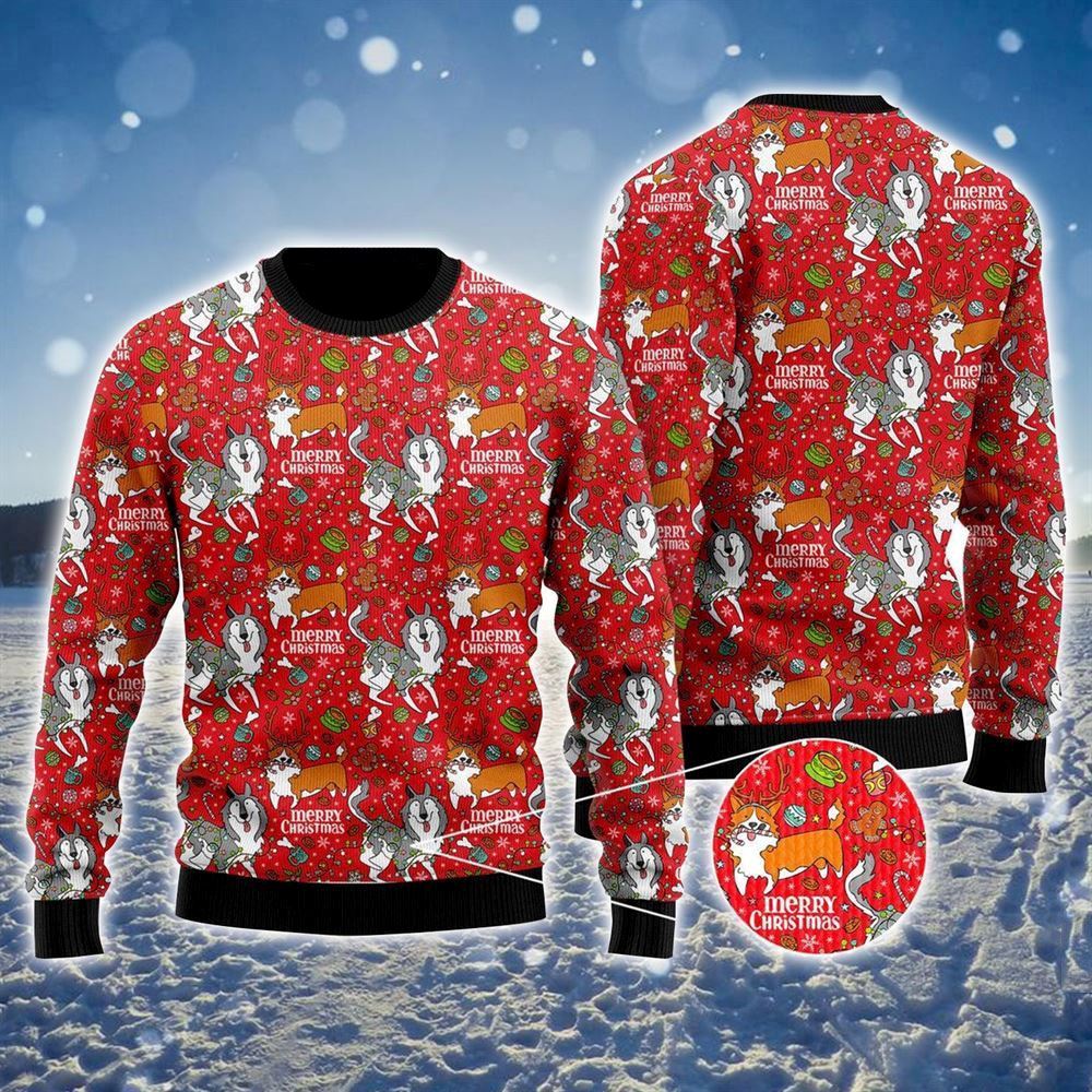 Pet Dog Sweater, Husky Corgi Merry ChristmasUgly Christmas Sweater, Gift For Dog Love, Winter Fashion