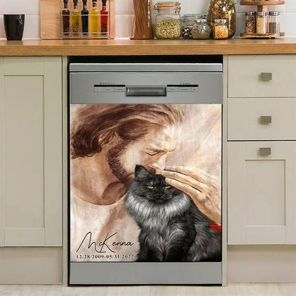 Pet Memorial Portraits Jesus Holding Cat Dishwasher Cover,Cat Memorial Pictures Cat Loss Gift, Custom Cat Pictures