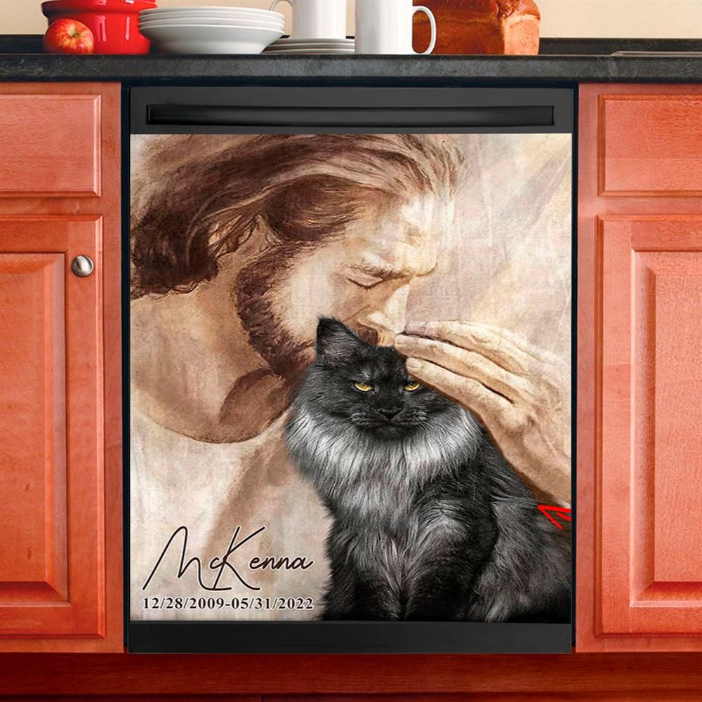 Pet Memorial Portraits Jesus Holding Cat Dishwasher Cover,Cat Memorial Pictures Cat Loss Gift, Custom Cat Pictures