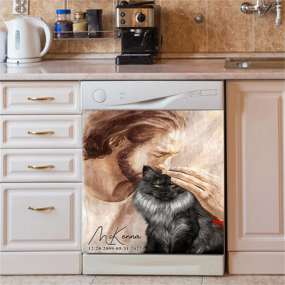 Pet Memorial Portraits Jesus Holding Cat Dishwasher Cover,Cat Memorial Pictures Cat Loss Gift, Custom Cat Pictures