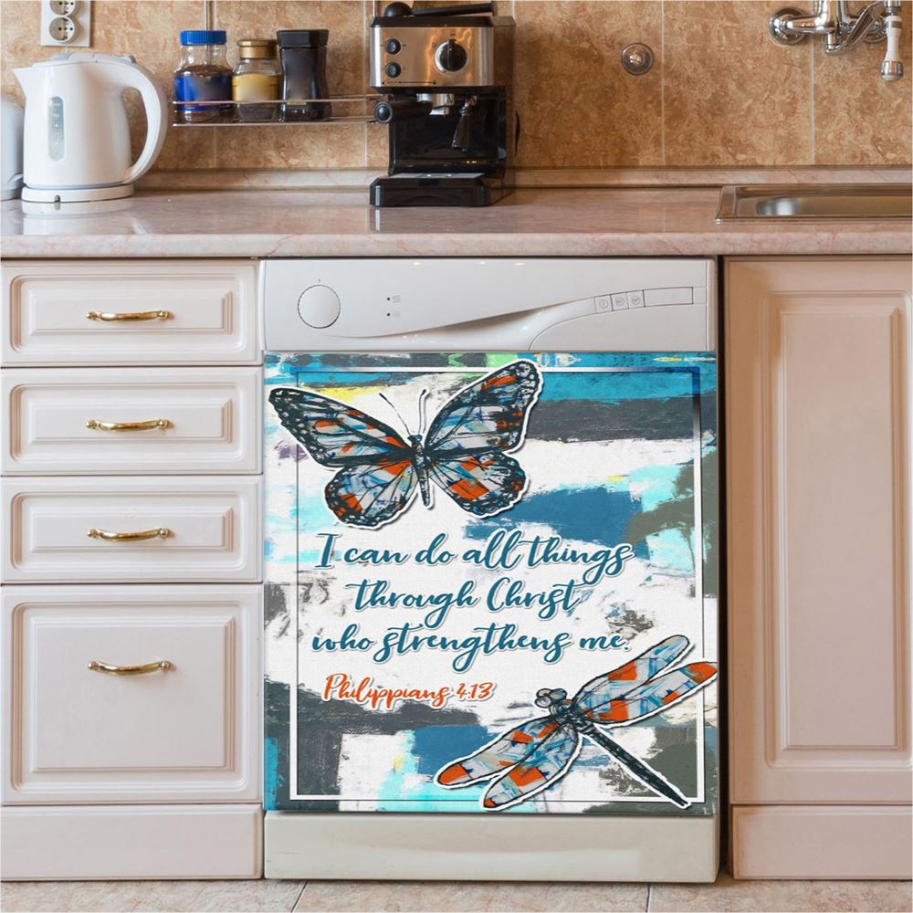 Philippians 413 I Can Do All Things Through Christ Butterfly Dishwasher Cover, Bible Verse Dishwasher Wrap, Scripture Kitchen Decoration
