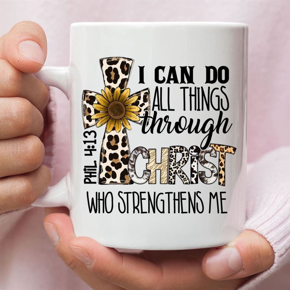 Philippians 413 I Can Do All Things Through Christ, Leopard Cross, Coffee Mug, Christian Mug, Bible Mug, Faith Gift, Encouragement Gift