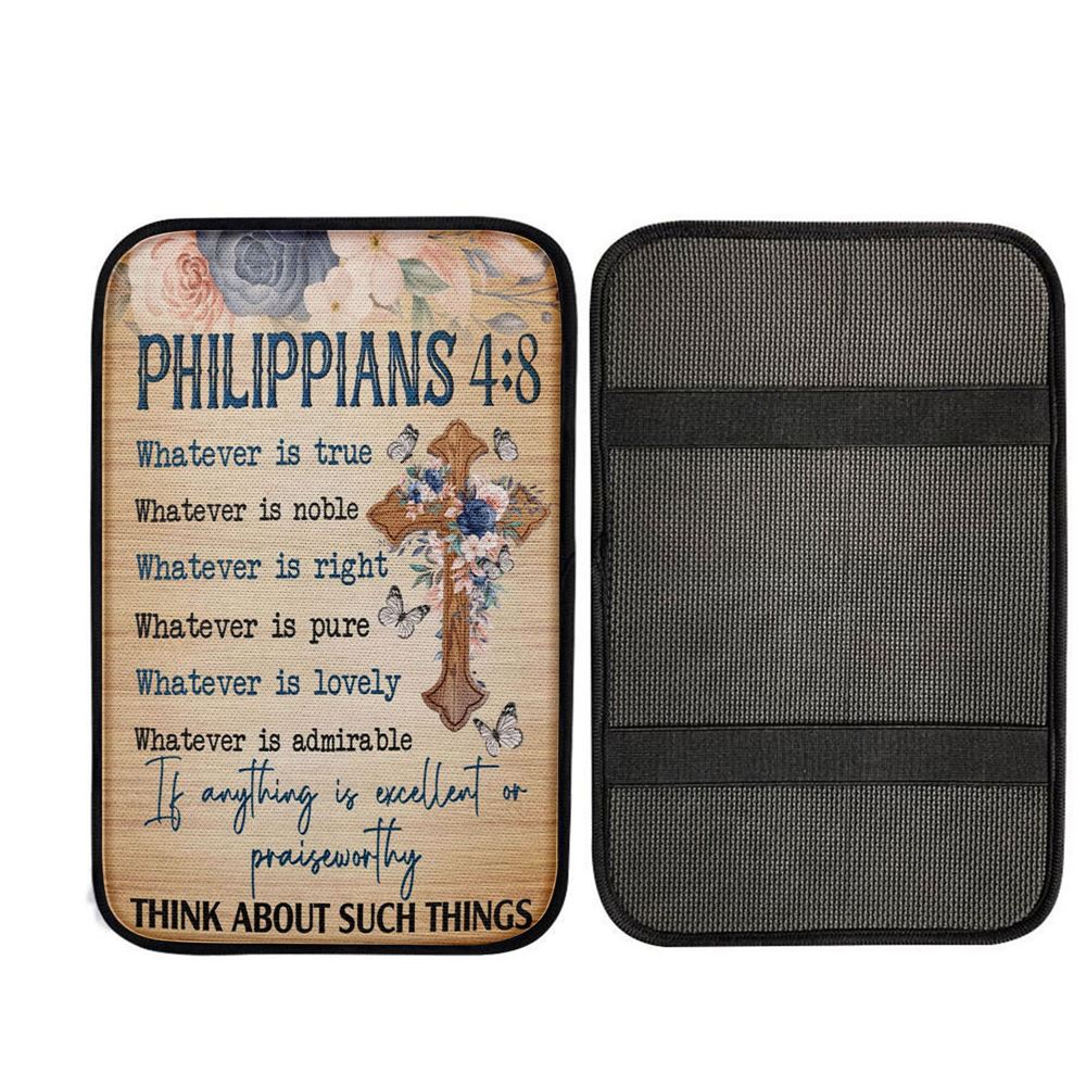 Philippians 48 Whatever Is True Floral Cross Car Center Console Cover, Christian Gift Car Armrest Pad