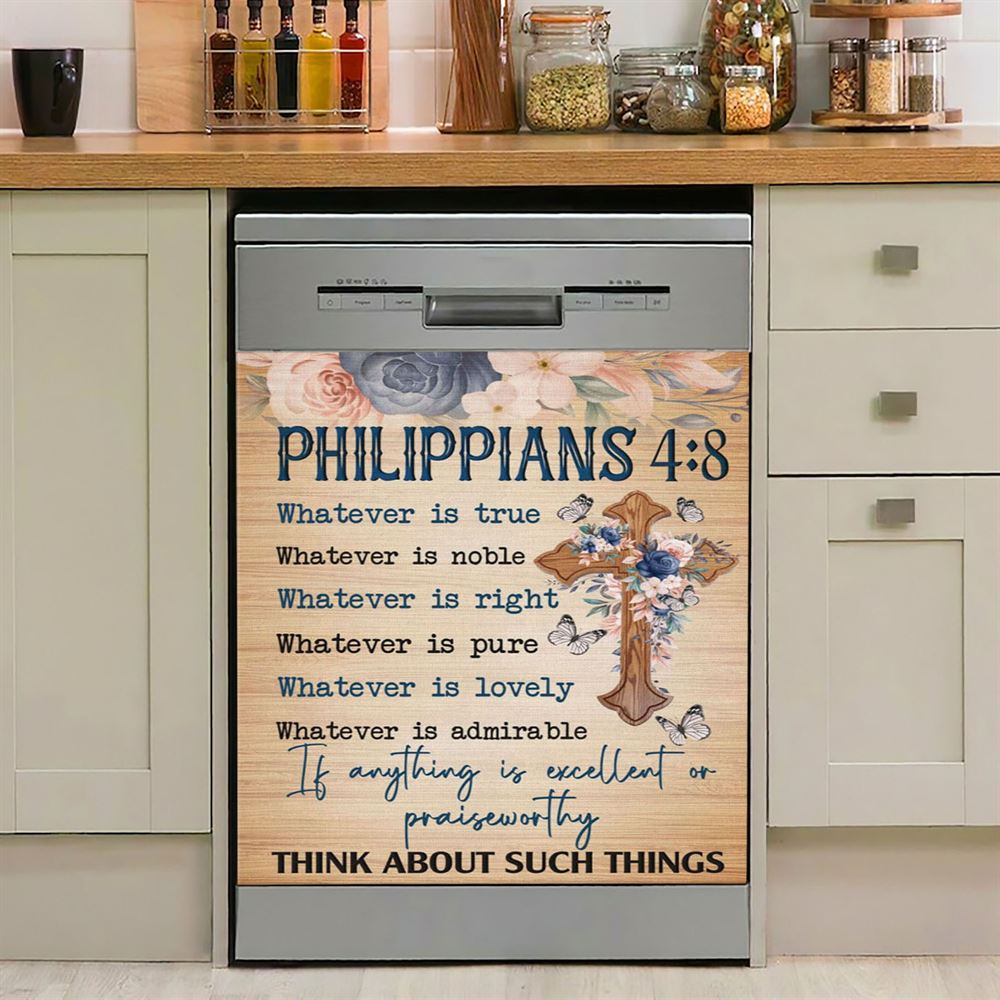 Philippians 48 Whatever Is True Floral Cross Dishwasher Cover, Bible Verse Dishwasher Wrap, Scripture Kitchen Decoration