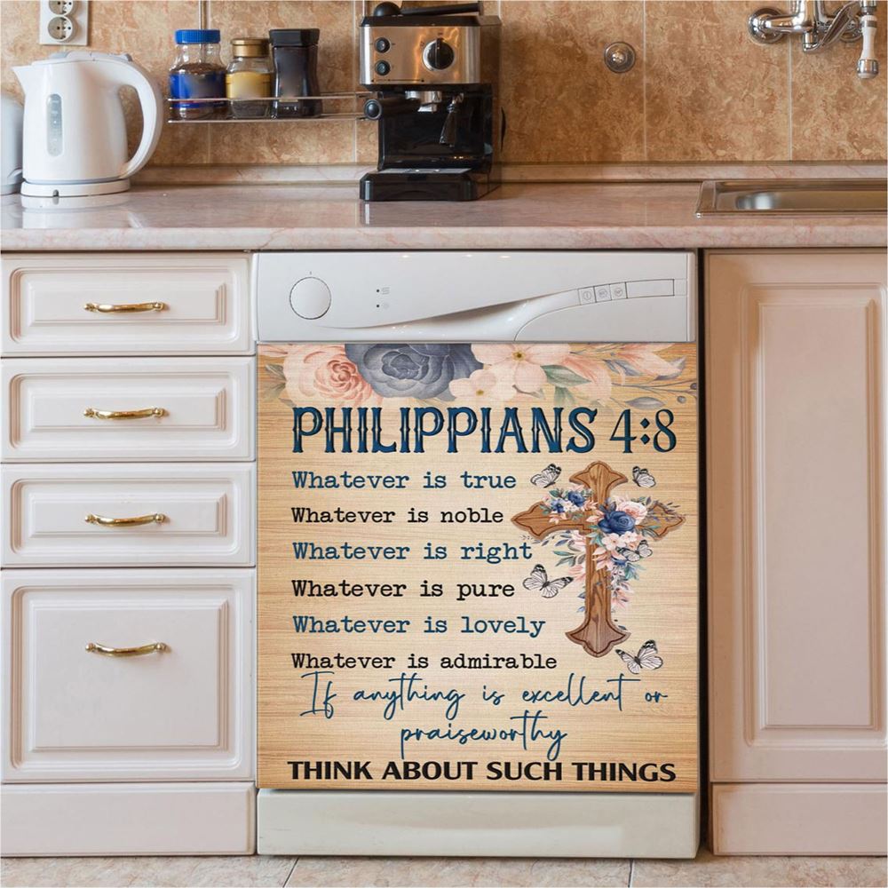 Philippians 48 Whatever Is True Floral Cross Dishwasher Cover, Bible Verse Dishwasher Wrap, Scripture Kitchen Decoration