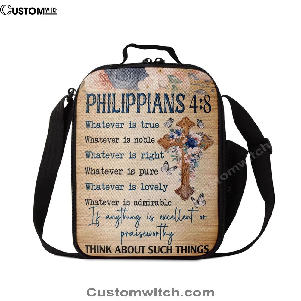 Philippians 48 Whatever Is True Floral Cross Lunch Bags, Bible Verse Lunch Bag For Men And Women