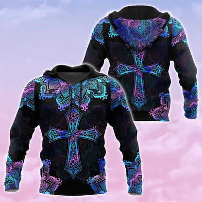Pink Blue Hologram Mandala Cross God 3D Hoodie For Man And Women, Jesus Printed 3D Hoodie