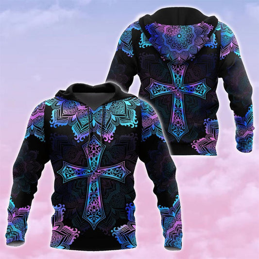 Pink Blue Hologram Mandala Cross God 3D Hoodie For Man And Women, Jesus Printed 3D Hoodie
