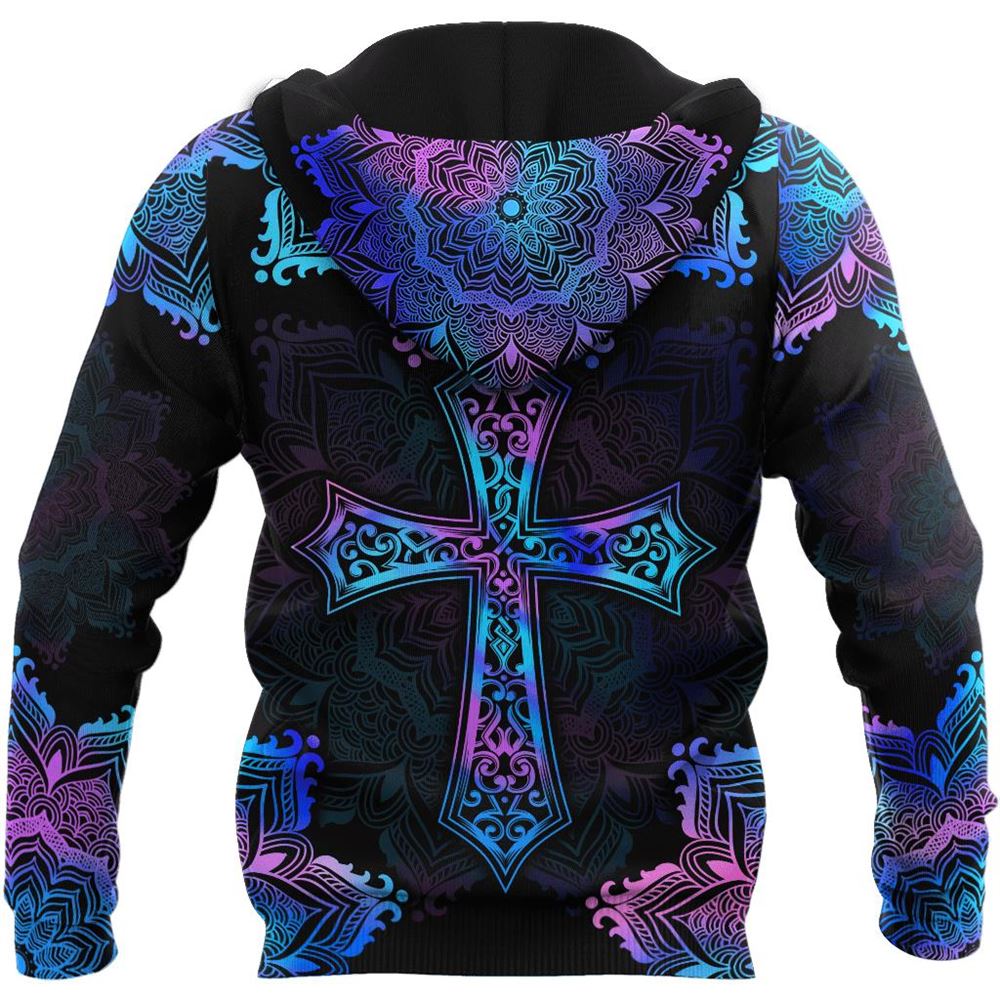 Pink Blue Hologram Mandala Cross God 3D Hoodie For Man And Women, Jesus Printed 3D Hoodie